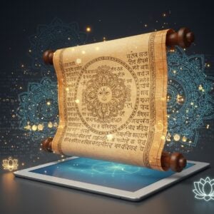 A serene and ethereal digital collage featuring an ancient Indian scroll with intricate Pattachitra art patterns, glowing softly in warm gold and peacock blue. The scroll is unrolling against a tranquil background of a digital tablet screen, symbolizing the fusion of ancient wisdom with modern technology. Surrounding the scroll are delicate, glowing mandalas and lotus flowers, with subtle digital binary code patterns interwoven, representing the bridge between past and present. The lighting is soft and warm, creating a harmonious and mindful atmosphere that invites exploration and reflection. The scene should evoke a sense of timelessness and spirituality, appealing to those interested in the wisdom of Subhashita in a modern context.