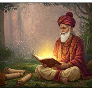 A serene Indian scholar seated in a tranquil, lush garden, surrounded by ancient scrolls and palm leaves. He wears traditional attire with intricate Madhubani patterns in rich maroon and gold. His expression is contemplative as he holds a glowing manuscript, casting a warm, ethereal light around him. The backdrop features a stylized, intricately designed mandala in soft pastel hues, with delicate lotus motifs subtly integrated. Soft rays of light filter through the trees, creating an ambiance of wisdom and spirituality. The art style merges traditional Indian aesthetics with modern digital elements, emphasizing tranquility and introspection.