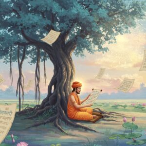 A serene, ethereal scene showcasing an Indian scholar seated under a majestic ancient banyan tree, holding a scroll with intricate Sanskrit script. The backdrop features a tranquil garden with blooming lotus flowers and a softly glowing mandala in the sky, casting a warm golden light. Surrounding the scholar are translucent, floating pages depicting beautiful scripts in various languages like Hindi, Tamil, and Bengali, subtly merging into the air. The color palette is a blend of soft blues, pale pinks, and warm golds, creating a harmonious and peaceful atmosphere. The art style blends traditional Indian art forms with a modern digital aesthetic, emphasizing tranquility and the rich cultural heritage of Subhashita writing.