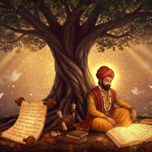 A serene Indian scholar seated under a grand, ancient banyan tree, surrounded by scrolls and ancient texts. The scholar is adorned in traditional attire with intricate patterns and gold accents, symbolizing wisdom. In the background, a glowing mandala symbolizes the light of knowledge. The scene is infused with a blend of deep maroon, saffron, and peacock blue tones, with rays of soft golden light filtering through the tree leaves. In the foreground, a large, open scroll with ancient scripts glows softly, and ethereal, pastel-hued birds hover around, symbolizing the spread of wisdom. The art style is a fusion of Madhubani and modern digital aesthetics, capturing the essence of ancient wisdom in a contemporary setting.