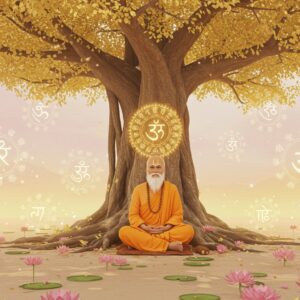 A serene and ethereal scene featuring an Indian sage sitting cross-legged under a grand ancient banyan tree, surrounded by floating, glowing Sanskrit symbols that form intricate mandalas in the air. The sage has a wise, gentle expression and is dressed in traditional saffron robes with subtle gold embroidery. The background is a soft pastel blend of warm gold and pale pink hues, creating a tranquil ambiance. The ground is adorned with delicate lotus flowers, and the atmosphere is infused with a soft, divine light. The art style should merge traditional Indian aesthetics with modern digital elements, emphasizing tranquility, spirituality, and the timeless wisdom of Subhashita.