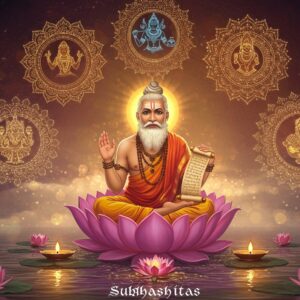 A serene and ethereal scene featuring an ancient Indian sage, seated cross-legged on a lotus with a scroll in hand, surrounded by glowing mandalas representing friendship, dharma, and health. The background is a fusion of traditional Indian motifs and modern digital aesthetics, with rich colors like saffron, maroon, and peacock blue. Soft, pastel-colored lights create a tranquil ambiance. In the foreground, harmonious elements like lotus flowers and calm water surfaces enhance the spiritual tone. The sage is adorned with traditional Indian attire, gold jewelry, and has a gentle, wise expression. The overall composition emphasizes tranquility, wisdom, and mindfulness, drawing the viewer into the ancient wisdom of Subhashitas.