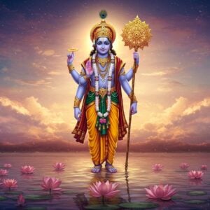 A majestic depiction of Lord Vishnu, standing tall with a serene expression, surrounded by an ethereal glow. He holds the Sudarshana Chakra in his right hand, depicted as a radiant, golden disc with intricate patterns, spinning with divine energy. The background features a celestial landscape with soft pastel clouds and a warm, glowing aura. In the foreground, serene lotus flowers float on calm water, reflecting the divine light. The scene is set against a backdrop of shimmering peacock blue and deep maroon hues, blending traditional Indian art styles with a modern digital aesthetic. The overall atmosphere is one of spiritual power, tranquility, and mindfulness.