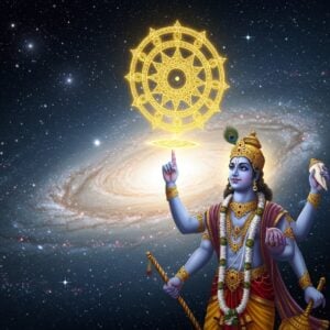 A divine, ethereal scene showcasing Lord Vishnu with the Sudarshana Chakra in a dynamic, hovering position above his right index finger. Vishnu is depicted with four arms, each holding a distinct object: the mace (Gada), the conch (Shankha), and the lotus (Padma), while the Sudarshana Chakra spins above. The backdrop is a cosmic expanse with swirling galaxies and stars, representing the universe. The Sudarshana Chakra glows with a radiant golden light, surrounded by intricate mandalas, emphasizing its mystical power. The color palette features deep blues, golds, and ethereal whites, creating a spiritual and serene atmosphere. Vishnu's attire is richly adorned with traditional Indian motifs, blending traditional art with a modern digital aesthetic. The scene should convey a sense of divine energy and cosmic balance, suitable for exploring the myths, physics, and metaphysics of this legendary weapon.