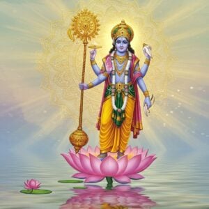 A majestic depiction of Lord Vishnu wielding the Sudarshana Chakra, standing gracefully on a serene lotus flower floating on calm, reflective water. Lord Vishnu, depicted with a serene expression, is adorned with intricate gold jewelry and a majestic crown. His four arms hold the conch, mace, lotus, and the resplendent Sudarshana Chakra, spinning with a radiant golden glow in his upper right hand. The backdrop features a luminous mandala in rich hues of gold and peacock blue, symbolizing divine energy. Soft pastel colors envelop the scene, with gentle rays of light emanating from the Chakra, highlighting its significance. The art style is ethereal and spiritual, merging traditional Indian motifs with a modern digital aesthetic, creating a sense of peace and reverence.