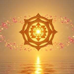 A radiant and intricately designed Sudarshana Chakra Yantra, floating against a serene, ethereal background. The yantra is adorned with rich gold and saffron hues, with a glowing mandala at its center. Around it, softly glowing lights and pastel-colored lotus petals gently swirl, creating a sense of movement and energy. The scene is illuminated with a warm golden light, casting soft reflections on a calm water surface below. The atmosphere exudes a sense of tranquility and spiritual power. Art style should merge traditional Indian motifs with modern digital aesthetics, achieving a balance between heritage and contemporary design.