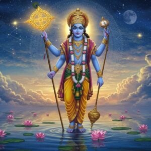 An ethereal scene depicting Lord Vishnu majestically holding the Sudarshana Chakra in his upper right hand, poised as if about to release it. He is depicted with serene expressions, adorned in rich, traditional attire with intricate gold jewelry. The backdrop features a celestial setting with glowing mandalas, soft pastel clouds, and a mystical aura. The colors are deep blues and golds, reflecting a divine and powerful ambiance. In the foreground, delicate lotus flowers float on calm water, symbolizing purity and spiritual insight. The overall art style is a fusion of traditional Indian art forms with modern digital aesthetics, emphasizing the mystique and grandeur of Vedic Astrology in a contemporary light.