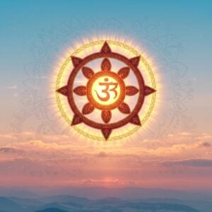 A majestic depiction of the Sudarshana Chakra, intricately detailed with traditional patterns and glowing with a divine aura. The Chakra is surrounded by a halo of golden light, set against a serene backdrop of soft blue and pastel pink skies, with faint outlines of mandalas and lotus flowers in the background. The art style merges traditional Indian art forms with modern digital aesthetics, incorporating rich colors like saffron, maroon, and peacock blue. The scene evokes a sense of spirituality and power, capturing the viewer's attention with its ethereal and surreal beauty.