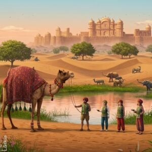 A vibrant, immersive landscape of Rajasthan's iconic desert, with a serene oasis reflecting the warm hues of the setting sun. In the foreground, a beautifully detailed camel adorned with traditional Rajasthani decorations, including colorful fabrics and intricate patterns, stands beside a group of eco-conscious travelers. They wear modern, sustainable clothing inspired by traditional Rajasthani designs. The background features the majestic silhouette of a historic fort, harmoniously blended with flourishing greenery and wildlife, symbolizing the coexistence of culture and nature. The sky is painted with soft pastel shades, adding an ethereal glow to the scene. Art style should merge traditional Rajasthani art with modern digital aesthetics, emphasizing sustainability and cultural preservation.