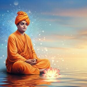 A serene and ethereal depiction of Swami Vivekananda, seated in a meditative posture against a tranquil, softly glowing backdrop. He is wearing a saffron robe, symbolizing renunciation and spirituality, with a serene expression on his face. The scene is illuminated with pastel-colored lights, featuring subtle elements like a softly glowing lotus flower at his feet and delicate mandalas floating in the background. The atmosphere exudes harmony and mindfulness, with gentle waves of calm water reflecting the soft blue and warm gold hues. The art style is a fusion of traditional Indian motifs with a modern digital aesthetic, highlighting the timeless wisdom and spiritual tranquility associated with Swami Vivekananda's teachings.