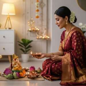 A serene Indian woman in a modern, minimalist home setting, performing a traditional Hindu ritual. She is wearing an elegant maroon saree with gold patterns, her hair adorned with jasmine flowers. In front of her is a beautifully decorated puja altar with lit diyas, a small idol of Lord Ganesha, and fresh lotus flowers. Soft golden light bathes the scene, creating an ethereal glow. The background shows elements of contemporary design, like sleek furniture and subtle pastel-colored walls, blending tradition with modern aesthetics. The overall atmosphere is calm, spiritual, and harmonious, embodying the fusion of daily rituals with modern life.