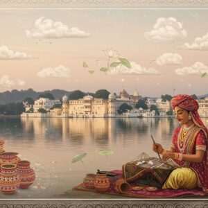 An enchanting scene of Udaipur's landscape at dusk, showcasing the serene Lake Pichola with its iconic palaces and temples reflecting on the calm waters. In the foreground, a traditional Rajasthani artisan, intricately dressed in vibrant attire, is skillfully crafting a beautiful piece of pottery or textile, surrounded by delicate patterns reminiscent of Phad art. The scene is bathed in soft, glowing lights with a pastel color palette of warm gold and pale pink, capturing the ethereal essence of Udaipur's artistic heritage. Overhead, gentle clouds and lotus motifs float in the sky, emphasizing tranquility and cultural richness. The image blends traditional Indian art styles with modern digital aesthetics to highlight the spiritual and cultural vibrancy of Udaipur.