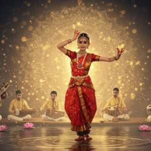 A captivating scene of an elegant Indian classical dancer, dressed in a vibrant red and gold saree with intricate traditional jewelry, gracefully performing a Bharatanatyam pose. She is surrounded by an ethereal aura of soft, glowing lights in hues of warm gold and pale pink. In the background, a group of musicians playing traditional Indian instruments like the sitar, tabla, and flute, are seated under a large, ornate mandala that glows softly. The setting is serene and spiritual, with elements like lotus flowers and gentle ripples on a calm water surface, all rendered in a style that combines traditional Indian art forms with modern digital aesthetics. The overall tone is one of tranquility and divine harmony, inviting the viewer to explore the spiritual essence of Indian classical music and dance.