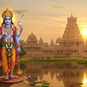 An ethereal depiction of a serene Hindu temple complex, nestled amidst lush greenery with intricate carvings and a sacred pond reflecting the temple's grandeur. In the foreground, a beautifully detailed depiction of Lord Vishnu with four arms, holding a conch, discus, mace, and lotus flower, stands majestically. The deity is adorned in rich garments and opulent jewelry, surrounded by a glowing aura. Soft pastel hues of saffron, maroon, and peacock blue envelop the scene, creating a tranquil and spiritual atmosphere. Traditional motifs like lotus flowers and mandalas subtly integrate with the modern digital art aesthetic. The setting sun casts warm golden light across the landscape, enhancing the divine and peaceful ambiance. The overall composition balances heritage with innovation, inviting viewers into the spiritual realm.