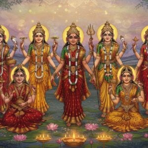Seven divine Indian goddesses, the Matrikas, depicted in a harmonious circle, each embodying unique attributes. The scene is rich with intricate patterns and traditional Indian motifs, including lotus flowers and glowing mandalas. Each goddess is portrayed with vibrant colors like maroon, saffron, peacock blue, and gold, adorned in traditional attire with elaborate jewelry. The background features a serene, ethereal landscape with soft glowing lights and pastel hues, emphasizing tranquility and spirituality. Each Matrika holds her distinct weapon or symbol: Brahmani with a water pot and rosary, Vaishnavi with a conch and discus, Maheshvari with a trident, Indrani with a thunderbolt, Kaumari with a spear, Varahi with a boar face and gada (mace), and Chamunda with a skull cup and sword. The art style is a fusion of Madhubani and digital aesthetics, presenting a modern yet culturally rich image that invites viewers to delve deeper into the divine story.