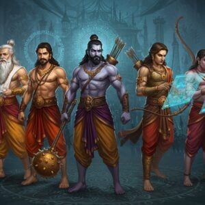 A dynamic and captivating illustration depicting the Pandavas, each with their distinct characteristics and modern adaptations. Yudhishthira stands tall with a wise expression, holding a digital scroll glowing with wisdom; Bhima, muscular and fierce, wields a modernized mace that crackles with electric energy; Arjuna, sharp-eyed and focused, draws an ethereal bow with arrows of light aimed at a futuristic target; Nakula and Sahadeva, twins known for their beauty and intelligence, are portrayed with sleek attire, one holding a glowing tablet and the other examining a holographic map. The background is an amalgamation of traditional Indian motifs like lotus and mandalas seamlessly blended with futuristic cityscapes. The color palette is rich with deep blues, maroons, and golds, highlighted by soft glowing accents, embodying both heritage and innovation. The atmosphere is vibrant, engaging, and respectful of the cultural lore while introducing a contemporary twist.