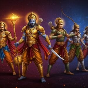A dynamic digital illustration showcasing the Pandavas, each depicted with distinctive attributes, set against a vibrant, contemporary backdrop. Yudhishthira is portrayed with calm demeanor, holding a scepter, clad in golden armor with intricate designs, symbolizing wisdom and leadership. Bhima is muscular, wielding a mighty mace, with a fierce expression, surrounded by swirling, stylized clouds. Arjuna is in an archer's stance, pulling back a glowing bowstring, arrows of light ready to launch, wearing a helmet adorned with peacock feathers. Nakula and Sahadeva stand side by side, exuding youthful energy, adorned in silver armor and holding swords, their postures hinting at agility and strategy. The background is a blend of modern digital art aesthetics with traditional Indian patterns and motifs, featuring deep maroon and peacock blue hues. Soft glowing lights illuminate the scene, adding a surreal and spiritual dimension, while elements like stylized mandalas and lotus flowers subtly integrate into the composition. The overall feel is of harmony and reverence, bridging ancient lore with modern interpretations.