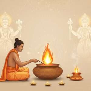A serene and ethereal scene depicting an Indian priest in a traditional dhoti and angavastram, gracefully performing a Homa ritual. The priest is seated in front of a beautifully carved, ornate Yajna Kund, with a vibrant, sacred flame rising elegantly from it. The backdrop is adorned with intricate patterns of glowing mandalas and lotus flowers. Soft pastel colors dominate the scene, with hues of warm gold and pale pink, creating an atmosphere of tranquility and spirituality. Surrounding the priest are ethereal, glowing symbols of Agni, the Hindu fire deity, depicted with two hands holding a flaming torch and a lotus flower. The art style is a harmonious blend of traditional Indian aesthetics and modern digital design, highlighting cultural motifs in a contemporary manner. The overall composition radiates peace, wisdom, and a deep connection to spirituality, enticing the viewer into the sacred world of Agni and the Homa ritual.