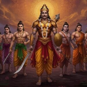 A majestic scene showcasing the lineage of Sahadeva's sons from the Mahabharata. In the foreground, a noble figure resembling Sahadeva, dressed in intricate armor with motifs of Madhubani and Pattachitra art, stands with poise. Surrounding him are his sons, depicted as strong, youthful warriors in vibrant attire, each holding a unique weapon. Their expressions are focused and determined, symbolizing their legacy and valor. The backdrop features an ethereal landscape with glowing mandalas and softly glowing lotus flowers, creating an aura of spirituality and heritage. The color palette includes rich maroon, saffron, and peacock blue, with touches of gold to emphasize their royal lineage. The overall composition merges traditional Indian aesthetics with a modern digital look, conveying a sense of timelessness and intrigue.