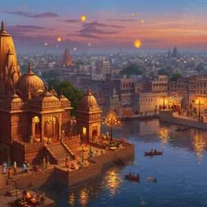 A panoramic view of an Indian cityscape at dusk, where the urban skyline seamlessly blends with ancient temples and sacred sites. The city lights form a vibrant tapestry, while in the foreground, a beautifully detailed Pattachitra-style depiction of a traditional Indian temple adorned with intricate carvings and glowing lanterns stands proudly. The scene is enriched with cultural motifs like floating mandalas, ethereal lotus flowers, and soft glowing lights in pastel hues of saffron, maroon, and peacock blue. The streets are animated with silhouettes of people engaged in daily rituals, capturing a sense of harmony between modern urban life and spiritual heritage. A serene river reflects the city’s dual identity, its surface speckled with floating diyas. The overall tone is tranquil, evoking a sense of unity and spiritual continuity in a modern age.