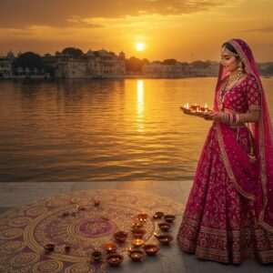 A breathtaking view of Udaipur's iconic City Palace, reflecting serenely on the shimmering waters of Lake Pichola during a golden sunset. In the foreground, a traditional Rajasthani woman dressed in a vibrant, flowing lehenga choli (colors of maroon and peacock blue) stands gracefully, holding a puja thali with glowing diyas, surrounded by intricately designed lotus flowers and mandalas. The scene captures the essence of spiritual heritage, with subtle hints of Hindu symbols like Om and Swastika blending seamlessly into the patterns. The atmosphere is tranquil and spiritual, with a modern digital art style that emphasizes rich, deep colors and intricate details, inviting the viewer to explore the soul of Mewar.