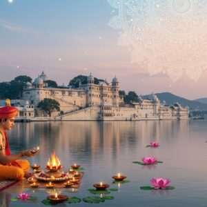A breathtaking scene of Udaipur's iconic City Palace, majestically perched beside the serene waters of Lake Pichola. The palace glows softly under a pastel twilight sky, with ethereal hues of soft blue and pale pink. In the foreground, an intricately adorned Hindu priest performs a sacred ritual, surrounded by glowing lotus flowers and softly lit diyas (oil lamps) floating on the water. A delicate mandala pattern emerges in the air above, casting a warm golden glow that reflects the spiritual essence of Mewar. The artwork seamlessly blends traditional Indian art motifs with modern digital aesthetics, evoking a sense of tranquility and reverence.