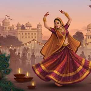 A serene scene capturing the essence of Udaipur's vibrant festivals and rich folklore. The image features a traditional Rajasthani dancer in a swirling, colorful lehenga, adorned with intricate gold jewelry, performing a graceful dance amidst a lively festival backdrop. Around her, there are elements of Udaipur's cultural heritage: ornate palaces in the background, peacock feathers, and glowing diyas casting warm light. The sky is illuminated with soft pastel hues of dusk, reflecting tranquility and inner peace. The art style combines traditional Pattachitra patterns with a modern digital aesthetic, highlighting deep maroon, saffron, and peacock blue colors. The scene evokes a sense of spirituality and harmony, inviting the viewer to delve into the magic of Udaipur's traditions.