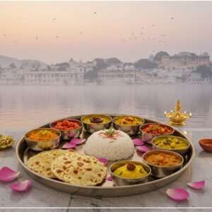 An ethereal depiction of Udaipur at dawn, with the serene Lake Pichola reflecting the soft pastel hues of the morning sky. In the foreground, an intricately designed thali (traditional Indian platter) adorned with vibrant spiritual cuisine, featuring dishes like saffron-infused rice, delicately garnished lentils, and fragrant curries, all beautifully arranged with lotus petals. Alongside, a small diya (lamp) flickers gently, casting a warm glow. Surrounding the thali are subtle hints of traditional Rajasthani art motifs blending seamlessly into a modern digital aesthetic. The background showcases the majestic City Palace, its architecture bathed in the soft light, exuding a tranquil aura. The entire scene embodies a harmonious blend of tradition and modernity, inviting viewers into a world of spiritual serenity and culinary delight.