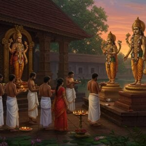 A serene and mystical scene set in a traditional Kerala temple courtyard during the early morning. The temple is adorned with intricate carvings and illuminated by the soft, warm glow of oil lamps. In the foreground, a group of Indian devotees, both men and women, dressed in traditional white dhotis and sarees, are engaged in their morning rituals. They offer flowers and incense to the deities, whose statues are beautifully crafted with golden hues, depicting Vishnu with four hands holding a conch, discus, mace, and lotus. The background features lush greenery and a tranquil water body reflecting the vibrant colors of the dawn sky. The art style should be a blend of Madhubani and digital aesthetics with deep colors like saffron and maroon, highlighting cultural motifs like lotus flowers and mandalas. The overall ambiance is one of peace, devotion, and connection to the divine.