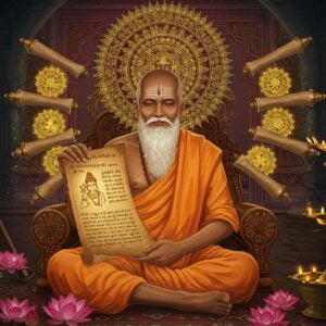 An intricately detailed image of a wise, elderly Indian scholar with a serene expression, seated in a tranquil, traditional Indian study filled with ancient scrolls and manuscripts. He is surrounded by ethereal, glowing golden mandalas and lotus flowers symbolizing enlightenment and wisdom. In his hands, he holds a beautifully illuminated scroll depicting the Thirukkural, its verses glowing with an otherworldly light. The background showcases a fusion of traditional Indian architecture and modern digital aesthetics, with rich colors like maroon, peacock blue, and gold. The scene is bathed in soft, warm lighting, conveying an atmosphere of timeless wisdom and serenity. The art style is a blend of traditional Indian art forms with modern digital illustration, creating a harmonious balance between heritage and innovation.