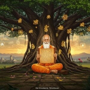An intricately detailed digital illustration featuring a wise, elderly Indian scholar in a traditional dhoti and angavastram, sitting under a sprawling, ancient banyan tree. The scholar is portrayed with a serene expression, holding an ancient scroll of Thirukkural, with ethereal golden light emanating from the scroll, casting a soft glow. Around him, the air shimmers with translucent, floating Sanskrit characters and symbols, merging into modern digital icons and patterns. In the background, a cityscape blends seamlessly with lush landscapes, symbolizing the harmony between ancient wisdom and contemporary life. The scene is infused with rich hues of maroon, saffron, and peacock blue, interspersed with glowing mandalas and lotus motifs, creating an atmosphere of tranquility and timelessness.