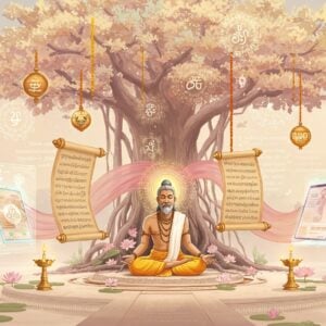 A serene and ethereal scene depicting an ancient Tamil scholar sitting cross-legged beneath a grand, stylized banyan tree adorned with glowing mandalas and lotus flowers. The scholar is surrounded by vibrant, flowing scrolls and digital tablets displaying verses from the Thirukkural, with holographic text and symbols floating in the air. The background features a blend of traditional Tamil architecture and futuristic digital interfaces, symbolizing the bridging of ancient wisdom with modern technology. The color palette is a soft pastel mix of pale pink, warm gold, and soft blue, creating a tranquil and harmonious atmosphere. The art style should merge traditional Indian motifs with modern digital aesthetics, capturing the essence of spiritual enlightenment and innovation.