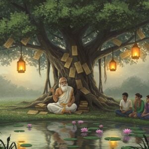 A serene, ethereal scene depicting a wise, elderly Tamil scholar in traditional attire, sitting under a sprawling banyan tree, surrounded by ancient palm leaf manuscripts of the Thirukkural. The tree is adorned with soft, glowing lanterns hanging from its branches, casting a warm, golden light over the scene. In the background, there's a calm, reflective pond with lotus flowers gently floating on its surface. The scholar is depicted in deep thought, with a subtle smile, as he gestures towards a group of young, attentive Indian students dressed in modern attire. The students sit in a semi-circle, their expressions full of curiosity and respect. The landscape features intricate patterns of Indian motifs subtly embedded in the foliage and water. The overall tone is tranquil and harmonious, blending the traditional and contemporary with a focus on spiritual wisdom and learning.