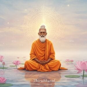 An ethereal scene depicting an Indian sage, seated peacefully amidst a serene landscape, surrounded by blooming lotus flowers and a softly glowing mandala in the sky. The sage is meditating, with a gentle smile, exuding an aura of tranquility and wisdom. Their attire is traditional yet modern, with a saffron robe that blends seamlessly with the soft pastel tones of the environment. The background features calm water surfaces reflecting the golden hues of the mandala, creating a spiritual ambiance. Subtle, intricate patterns inspired by Madhubani and Pattachitra art forms are integrated into the scene, adding depth and cultural richness. The overall tone is harmonious and uplifting, inviting the viewer to delve into the wisdom of Thirukkural for personal growth and virtue cultivation.