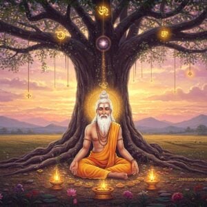 An ethereal scene depicting a serene Tamil sage seated in deep meditation beneath a grand, ancient Banyan tree. The sage, with flowing white hair and beard, is clad in a simple dhoti, embodying wisdom and tranquility. Surrounding him are vibrant, intricate patterns inspired by Madhubani and Pattachitra art, featuring lotus flowers, mandalas, and spiritual symbols. Soft, glowing lights emanate from the sage, casting a warm gold and pastel hue across the scene. In the background, a mystical landscape unfolds with rolling hills and a tranquil river, reflecting the serene beauty of ancient Tamil Nadu. The overall atmosphere is calm and harmonious, capturing the essence of spirituality and divine ethics as taught in the Thirukkural.