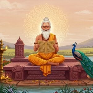 A serene, ethereal scene featuring an ancient Tamil sage seated gracefully on a carved stone platform amidst a lush, vibrant garden. The sage, dressed in traditional Tamil attire, holds an open palm leaf manuscript with delicate Tamil script, symbolizing the Thirukkural. Surrounding the sage are elements of Tamil culture: a traditional lamp, intricately carved temple sculptures, and a peacock with iridescent feathers. The scene is bathed in a soft, warm glow with pastel hues of saffron, maroon, and peacock blue. A golden mandala halo gently illuminates the sage's silhouette, reflecting tranquility and wisdom. The background features rolling hills and a serene water body, enhancing the aura of peace and cultural richness. The art style is a harmonious blend of traditional Tamil motifs and modern digital aesthetics, inviting viewers to delve into the timeless wisdom of the Thirukkural.
