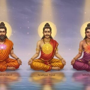 An intricate digital artwork depicting three ancient Tamil scholars seated in a serene, ethereal landscape. Each scholar embodies the essence of Thirukkural's Arathupal, Porul, and Inbathupal, represented by the symbols of a glowing lotus (virtue), a golden coin (wealth), and a heart-shaped mandala (love). They are dressed in traditional Tamil attire with rich, deep colors like saffron, maroon, and peacock blue. The background features a tranquil water surface with soft pastel reflections, enhancing the spiritual atmosphere. Gentle beams of warm, golden light illuminate their serene expressions, emphasizing the timeless wisdom they represent. The art style combines the elegance of traditional Indian art forms with a modern digital touch, creating a captivating blend of heritage and innovation.