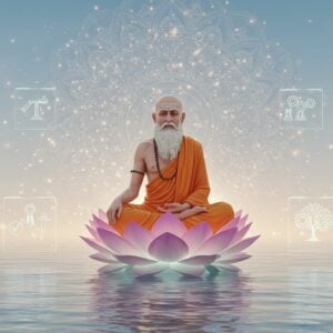 A serene, ethereal scene depicting an ancient Indian sage in a modern setting, symbolizing the timeless wisdom of Thirukkural. The sage, with a calm and thoughtful expression, is seated in a lotus position on a floating, glowing lotus flower in the center of a tranquil water surface. Surrounding the sage are digital holographic screens displaying symbols of leadership, governance, and unity—such as scales of justice, interconnected gears, and a tree with deep roots. Soft glowing lights create a halo effect around the sage, with a pastel color palette of soft blue, pale pink, and warm gold. The backdrop features a large, intricate mandala that blends traditional Indian patterns with modern digital aesthetics. The atmosphere is peaceful yet thought-provoking, drawing the viewer into a world where ancient wisdom meets futuristic governance ideals.