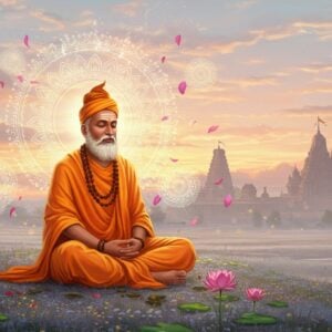 An ethereal scene showcasing the revered Tamil saint-poet Arunagirinathar, seated in meditation amidst a serene landscape. He is depicted as an Indian sage with a peaceful expression, wearing traditional saffron robes, adorned with rudraksha beads. Surrounding him are glowing mandalas and softly floating lotus petals, set against a pastel-hued sky with gentle dawn light. In the background, ancient South Indian temple architecture is subtly visible, hinting at the spiritual heritage of Thiruppugal. The atmosphere is tranquil and otherworldly, with soft pastel colors and a warm, golden glow infusing the scene. The art style blends traditional Indian art forms with modern digital aesthetics, capturing the timeless wisdom of Arunagirinathar's hymns while appealing to contemporary sensibilities.