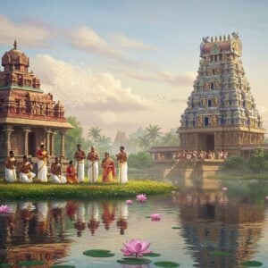 A serene and ethereal landscape depicting a mystical Tamil temple nestled amidst lush greenery and tranquil water bodies. The temple architecture is traditional, adorned with intricate carvings and vibrant hues of maroon, gold, and peacock blue. In the foreground, a group of devoted Tamil individuals, dressed in elegant traditional attire, engage in a harmonious chorus, singing praises of Thiruppugal. They are surrounded by softly glowing mandalas and delicate lotus flowers that float on calm water surfaces. The sky is painted in pastel colors of soft blue and pale pink, with gentle rays of warm golden light illuminating the scene. The overall tone is one of spiritual devotion and cultural richness, blending heritage with modern digital aesthetics, inviting the viewer into a world of Tamil Nadu's devotional legacy.
