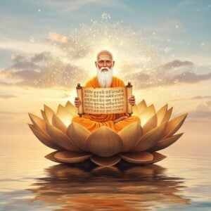 An intricately designed, serene scene showcasing a wise, elderly Indian sage sitting cross-legged on a large, ornate lotus flower floating on calm, reflective water. He is surrounded by an ethereal glow and holds an ancient scroll with Sanskrit script, which subtly glows without being the focal point. The background features a harmonious blend of traditional and modern aesthetics, with golden mandalas and intricate patterns seamlessly merging with digital elements like soft pastel lighting and glowing spiritual symbols. The sky is a gradient of soft blues and warm golds, creating a tranquil, contemplative atmosphere. The sage has a gentle, knowing smile, exuding wisdom and peace, inviting viewers to delve into the wisdom of Sanskrit Subhashita.