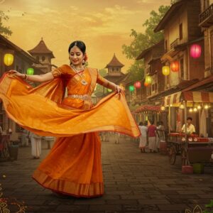 A vibrant and bustling depiction of Chengannur's lively streets, featuring a harmonious blend of traditional and modern elements. In the foreground, a beautifully adorned Indian woman in a traditional saree (saffron and gold) is engaging in a cultural dance, her movements captured mid-spin with flowing fabric. Surrounding her are intricate patterns of lotus flowers and mandalas subtly integrated into the street setting. In the background, a modern festival scene with colorful lanterns, street vendors, and locals enjoying traditional South Indian snacks. The atmosphere is infused with warm golden light, casting a serene glow over the scene, inviting viewers to delve into the cultural richness and modern vibrancy of Chengannur. The art style is a fusion of digital realism with traditional motifs, ensuring a captivating and inviting visual experience.