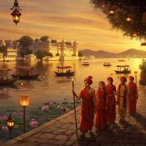 A panoramic view of Udaipur, showcasing the majestic City Palace with its intricate Rajput architecture, set against the serene backdrop of Lake Pichola. The scene captures the vibrant colors of a sunset, with hues of saffron, maroon, and gold reflecting on the water's surface. Traditional Indian boats float gently on the lake, adorned with glowing lanterns. In the foreground, a group of elegantly dressed Indian pilgrims in traditional attire, like vibrant sarees and turbans, are making their way through a cobblestone path lined with blossoming lotus flowers. The air is filled with a sense of reverence and history. The art style combines the depth of traditional Indian art forms with modern digital techniques, featuring intricate patterns and cultural motifs in a serene, spiritual ambiance.