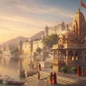 An ethereal landscape of Udaipur featuring a majestic palace with intricate Rajput architecture, surrounded by serene lakes reflecting the warm glow of the setting sun. Traditional Indian art motifs like mandalas and lotus flowers are subtly integrated into the scene. In the foreground, an intricately carved temple, adorned with saffron and maroon hues, stands tall, echoing the city's sacred aura. The scene is bathed in soft, pastel colors with a touch of glowing light, creating a tranquil and spiritual atmosphere. Indian people dressed in elegant traditional attire can be seen exploring the area, adding a touch of life and heritage to the composition. The art style blends modern digital aesthetics with the rich colors and patterns of traditional Indian art forms.