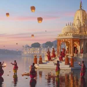 A mesmerizing scene of Udaipur's serene lake at twilight, reflecting the vibrant colors of a festive celebration. In the foreground, an intricately designed temple with traditional Indian architecture stands majestically, adorned with golden lights and marigold garlands. The sky is a pastel palette of soft blues and pinks, with floating lanterns creating a surreal glow. A group of Indian men and women in colorful traditional attire can be seen performing a ritual dance, their movements graceful and harmonious. Around them, the air is filled with the faint glow of diya lamps and the scent of incense. The setting captures the essence of spiritual tranquility and the rich, cultural vibrancy of Udaipur's festivals, balancing heritage with a modern digital aesthetic.