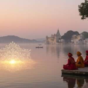 An ethereal, serene depiction of Udaipur at sunrise in 2025, with the tranquil waters of Lake Pichola reflecting the soft pastel hues of the sky. In the foreground, an intricate, glowing mandala floats above the lake's surface, casting a gentle light. In the background, a hidden temple nestled among lush greenery is partially visible, exuding an aura of mysticism. The scene includes a few Indian locals in traditional attire, engaging in a peaceful morning ritual by the water's edge. Their serene expressions and meditative poses convey a sense of spiritual awakening. The art style merges traditional Indian motifs with modern digital aesthetics, incorporating rich colors like maroon, saffron, and peacock blue to enhance the scene's cultural depth. The overall atmosphere emphasizes tranquility and invites viewers to embark on a spiritual journey beyond the familiar tourist attractions.