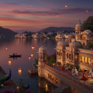 A breathtaking, panoramic view of Udaipur at twilight, showcasing the serene Lake Pichola surrounded by the majestic Aravalli Hills. In the foreground, an intricately designed traditional Rajasthani haveli with ornate jharokhas, showcasing the rich architectural heritage of the city. The scene is brought to life with vibrant, deep colors like saffron and maroon, and is illuminated by glowing lanterns reflecting off the calm water surface. Local artisans are seen crafting beautiful miniature paintings, a nod to Udaipur's artistic legacy. Peacocks gracefully strut around the scene, adding to the ethereal and surreal quality. The overall ambiance exudes tranquility and authenticity, inviting viewers to explore the hidden facets of Udaipur. The art style merges traditional Indian motifs with modern digital aesthetics, ensuring an engaging and culturally respectful depiction.
