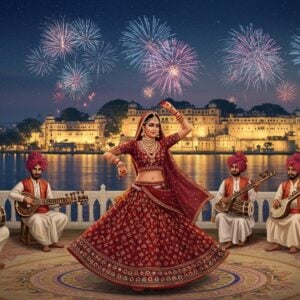 A vibrant depiction of Udaipur during its 2025 festivals, capturing the essence of Rajasthan's cultural richness. In the foreground, a traditional Rajasthani dancer in an elaborate lehenga choli with intricate patterns dances gracefully, her movements frozen mid-spin. Her attire is in deep maroon and peacock blue, adorned with gold embroidery. Surrounding her are musicians playing traditional instruments like the dholak and sitar, dressed in vibrant turbans and traditional attire. The background features the iconic City Palace of Udaipur, lit up with a warm, golden glow reflecting on the serene waters of Lake Pichola. The sky is alive with fireworks bursting in pastel hues of soft blue and pale pink, adding a touch of modern digital aesthetics. The scene exudes a sense of celebration and cultural harmony, with an ethereal ambiance created by subtle glowing lights and patterns reminiscent of Madhubani art blending seamlessly into the digital realm.