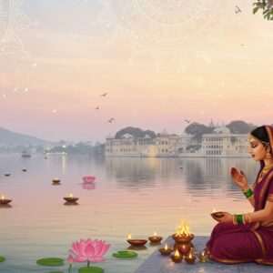 A serene and ethereal landscape of Udaipur at dawn, with the majestic City Palace reflecting in the tranquil waters of Lake Pichola. In the foreground, a traditional Indian woman dressed in a vibrant maroon saree is performing a pooja ceremony by the lakeside, surrounded by intricately designed lotus flowers and glowing diyas floating on the water. The sky is painted in soft pastel hues of pink and gold, with gentle rays of sunlight illuminating the scene. Delicate mandala patterns subtly overlay the sky, adding a spiritual aura. The woman is adorned with traditional gold jewelry and has a peaceful expression, embodying tranquility and devotion. The art style is a fusion of Madhubani and modern digital aesthetics, with rich colors and intricate details that captivate the viewer's attention.