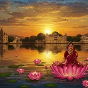 In a captivating depiction of Udaipur, a serene lake reflects the golden hues of a setting sun, with the majestic City Palace perched elegantly on the horizon. In the foreground, a traditional Indian woman, draped in a vibrant maroon saree with gold embroidery, meditates peacefully on a lotus flower floating on the tranquil waters. Her posture is calm and her eyes are closed, exuding a sense of spiritual serenity. Surrounding her, ethereal lotus flowers gently illuminate with soft pastel lights, casting a warm glow. Above, a subtle mandala pattern graces the sky, intertwining with faint wisps of saffron and peacock blue clouds. The art style blends the intricate patterns of Madhubani and Pattachitra with a modern digital touch, emphasizing tranquility and cultural richness. The entire scene is set against a backdrop of lush greenery and ancient temples, inviting readers into Udaipur's spiritual and cultural tapestry.